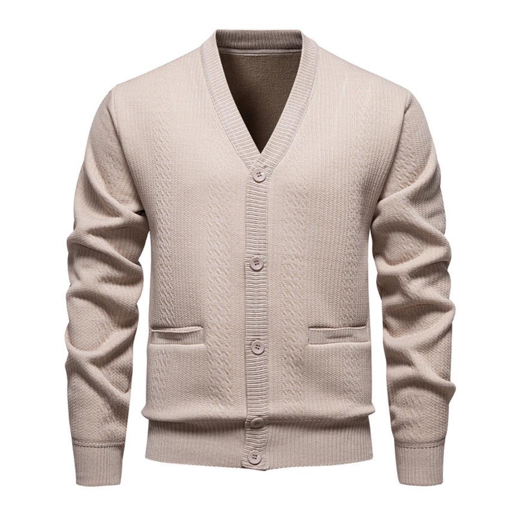 Men's Solid Color Textured Pockets Plush Thick Warm Casual V-neck Sweater Jacket