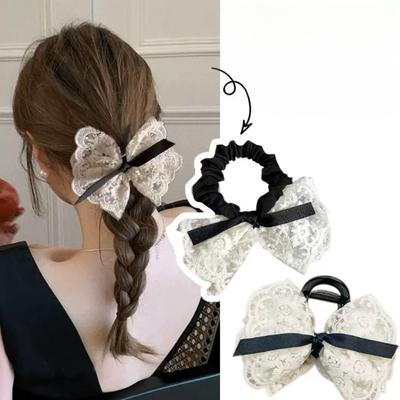 Sweet Bow Hairband, Lace Double-layered Gentle Elastic, Fashionable Embroidery, Retro Hair String, Elegant Quality