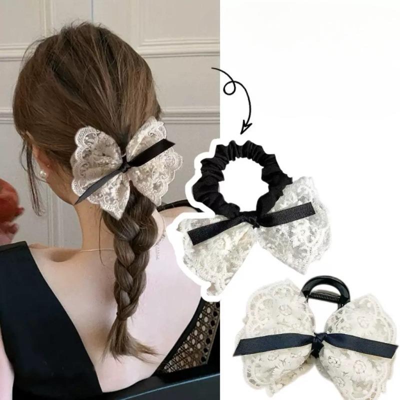Sweet Bow Hairband, Lace Double-layered Gentle Elastic, Fashionable Embroidery, Retro Hair String, Elegant Quality