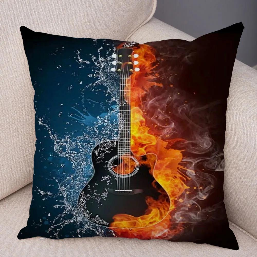 Vintage Music Note Pillowcase Decor Guitar Microphone Violin Printed Pillow Case for Home Sofa Soft Plush Cushion Cover 45x45cm