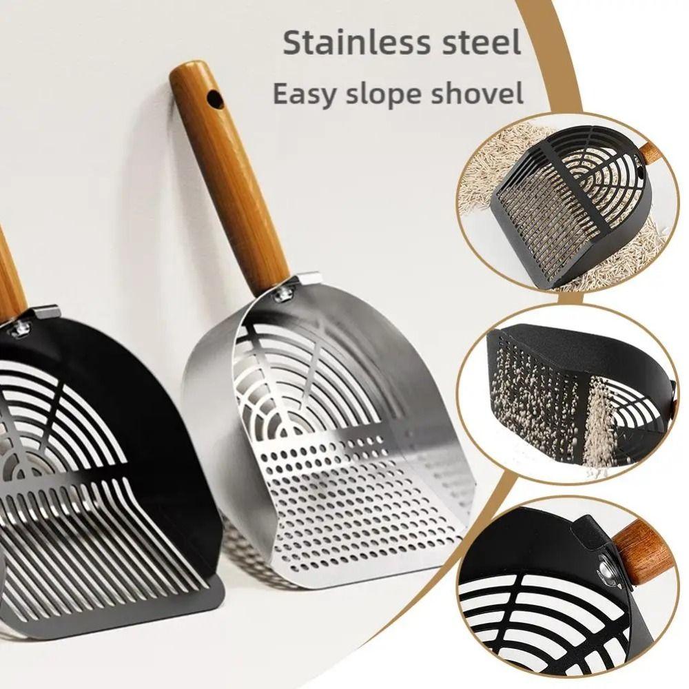 Stainless Steel Cat Litter Scoop Long Wood Handle Toilet Garbage Picker  Indoor