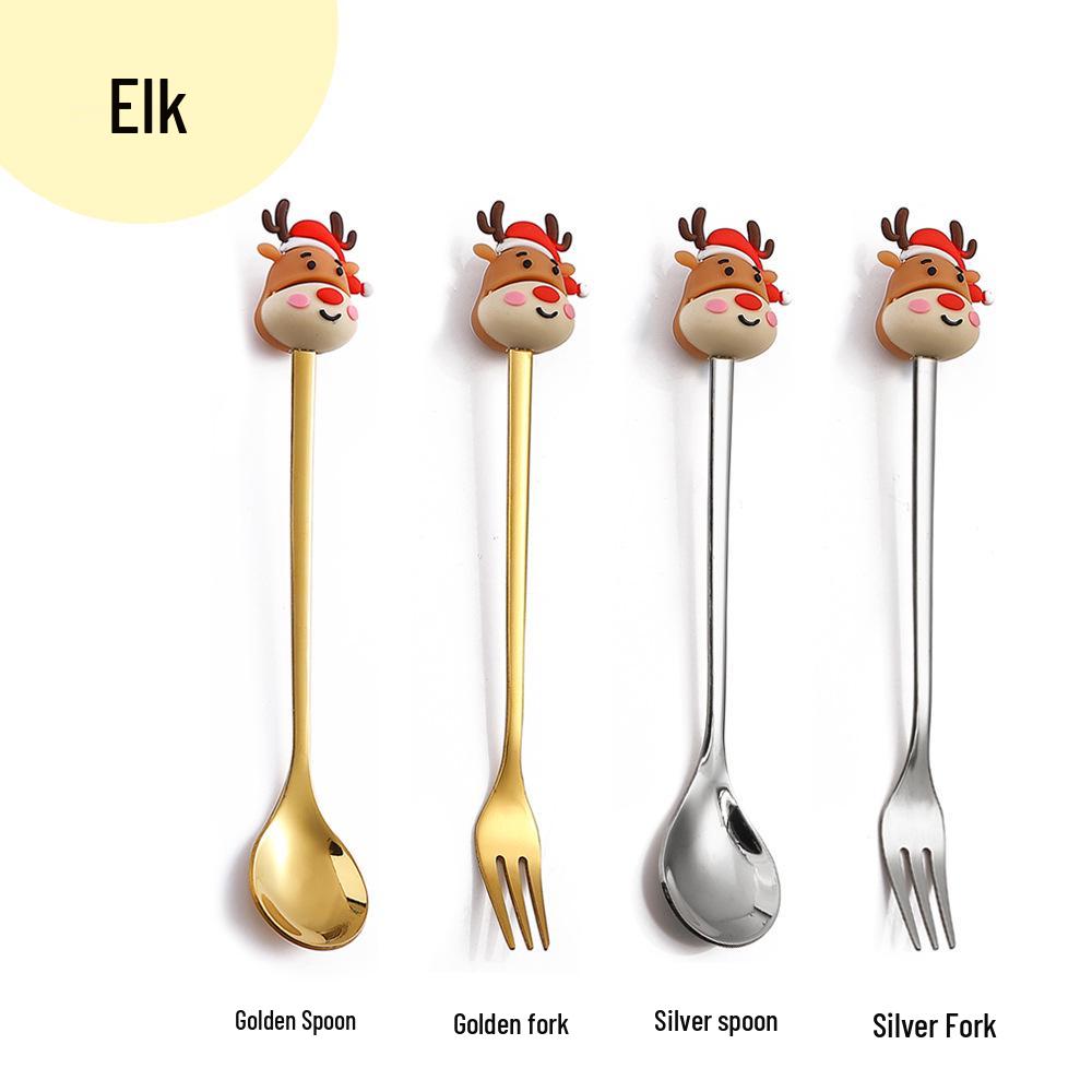 Cartoon Rabbit Christmas Dessert Spoon and Fork Set - Cute Party Favor Stirring Spoon