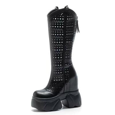Mode 12CM Stiefeletten Mikrofaserleder Frühling Sommer Mode Kniehohe Stiefeletten Plateau Keilabsatz Flache Sandalen Damen Versteckte Hohe Schuhe