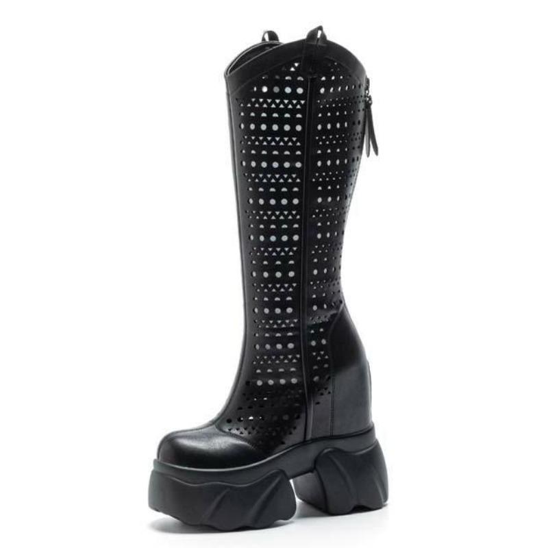 Fashion 12CM Ankle Boots Microfiber Leather Spring Summer Fashion Knee High Booties Platform Wedge Flats Sandals Women Hidden High Shoes