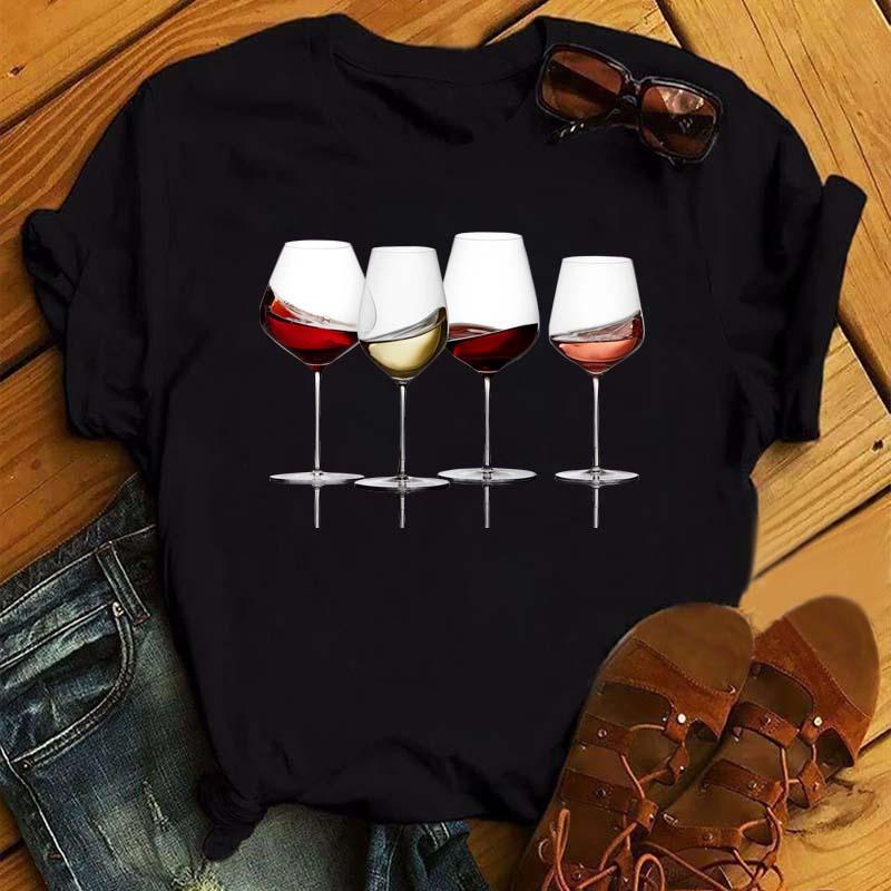 New Rose Gold Wine Glasses Tshirts Women Short-sleeve Tee Shirt Wine Glass Funny T Shirts 90s Ulzzang Female Black Tops Tees