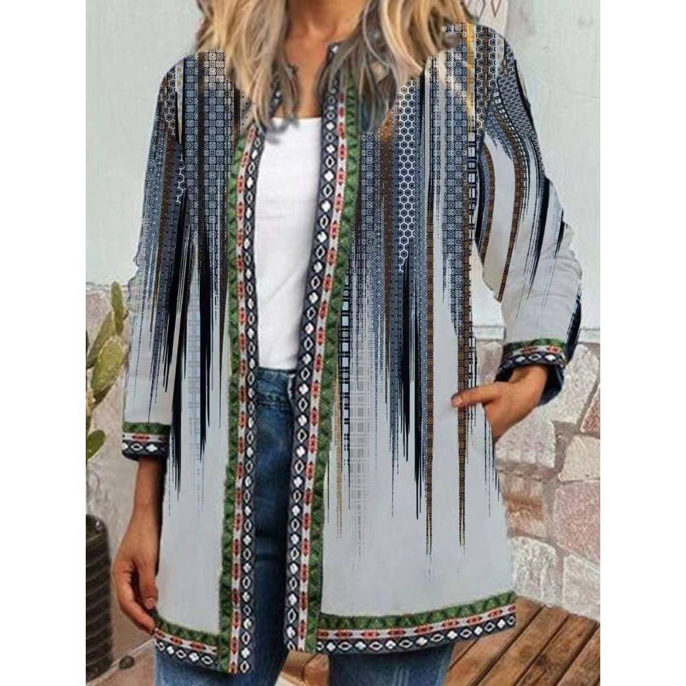 GMXIA Herbst Winter Vintage Ethnischer Stil Druck Übergröße Jacke Strickjacke Damenbekleidung