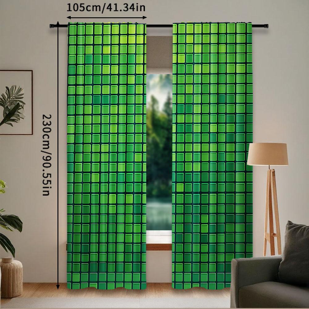 2Pcs Green Curtain Abstract Vibrant Square Pixel Mosaic Design Geometric Technology Grid Suitable For Bedroom Bathroom Living