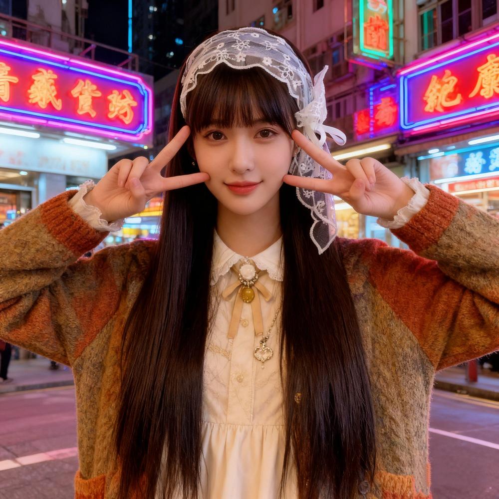 Douyin Lace Bow Headband Long Straight Wig for Girls - Black Full Cover Hairstyle