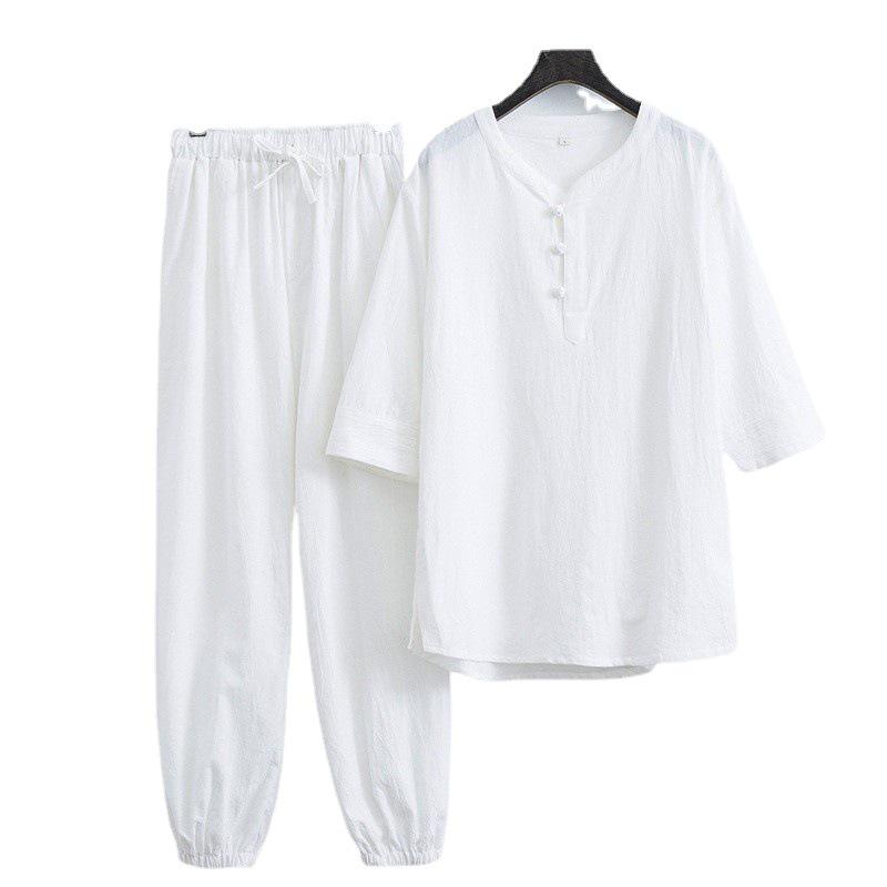 Herren Sommer Chinesischer Stil Baumwolle-Leinen Tang Anzug: Froschknopf Halbarm Set