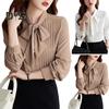 Women Shirt Stand Collar Lace-up Bowknot Long Sleeve Pleated Pullover Tops Solid Color Loose Fit Chiffon Blouse