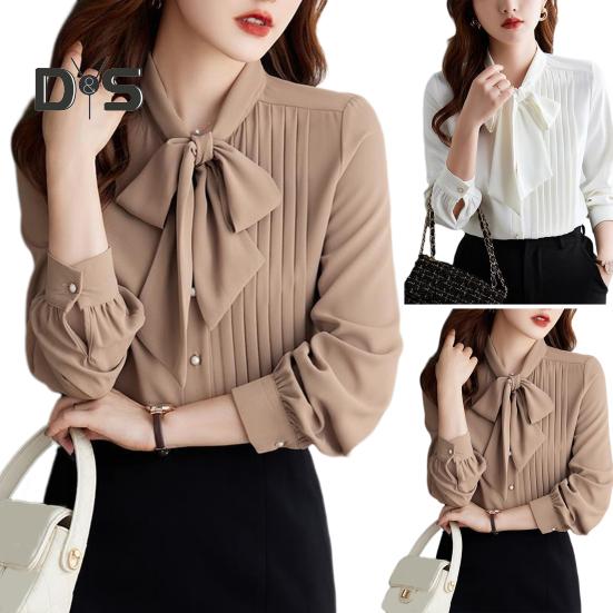 Women Shirt Stand Collar Lace-up Bowknot Long Sleeve Pleated Pullover Tops Solid Color Loose Fit Chiffon Blouse