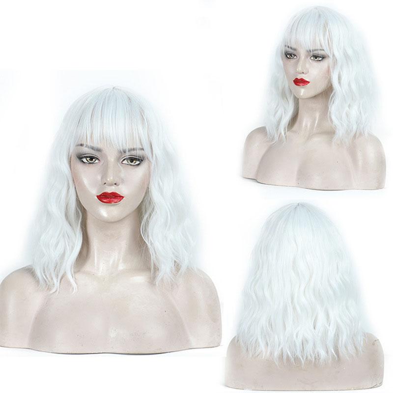 Synthetic Hair Blonde Wigs for Women Short Wavy Curly Wig with Bangs Water Wave Wig Daily Girls Cosplay Halloween Party