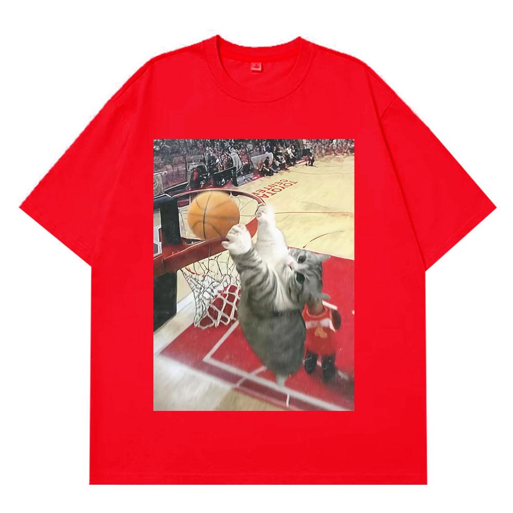 Vintage Funny Cat Dunking Basketball Meme T Shirt Men Women Casual Tshirt Summer Loose Cotton Highquality Oversized Tshirts