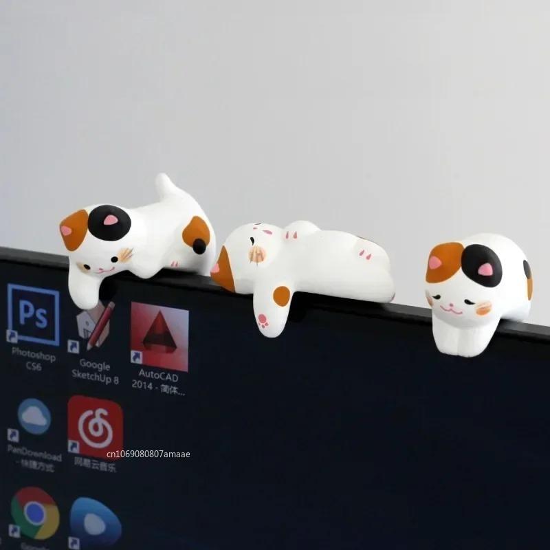 3 Stück Computerbildschirm Monitor Kleine Ornamente Desktop Puppe Katze Hase Heimdeko Glückskatze Harzfigur Wohnaccessoires