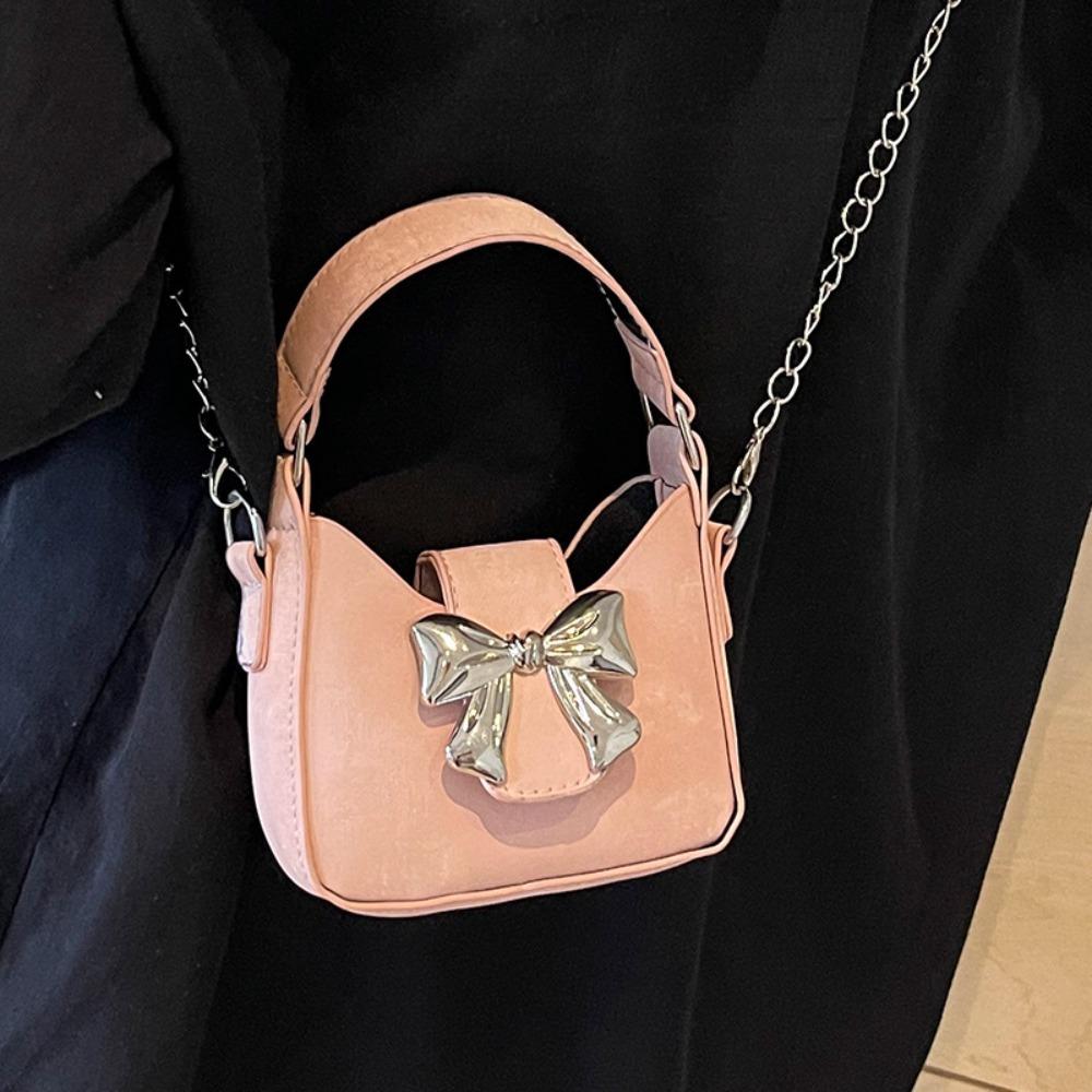 

Pu Leather Silver Bucket Bag Mini Women s Shoulder Bag Cute Bow Buckle PU Bag Storage phone розовый