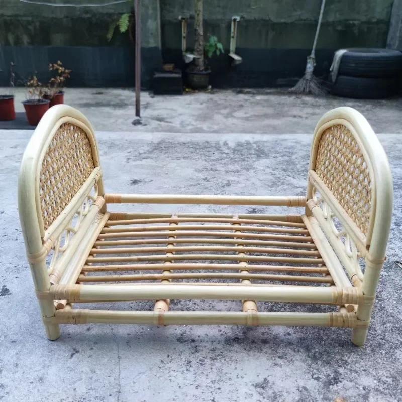 Infant Photo Shoot Props Unisex - Handmade Vintage Rattan Wooden Posing Bed Newborn Photo Background Accessories for Boys Girls