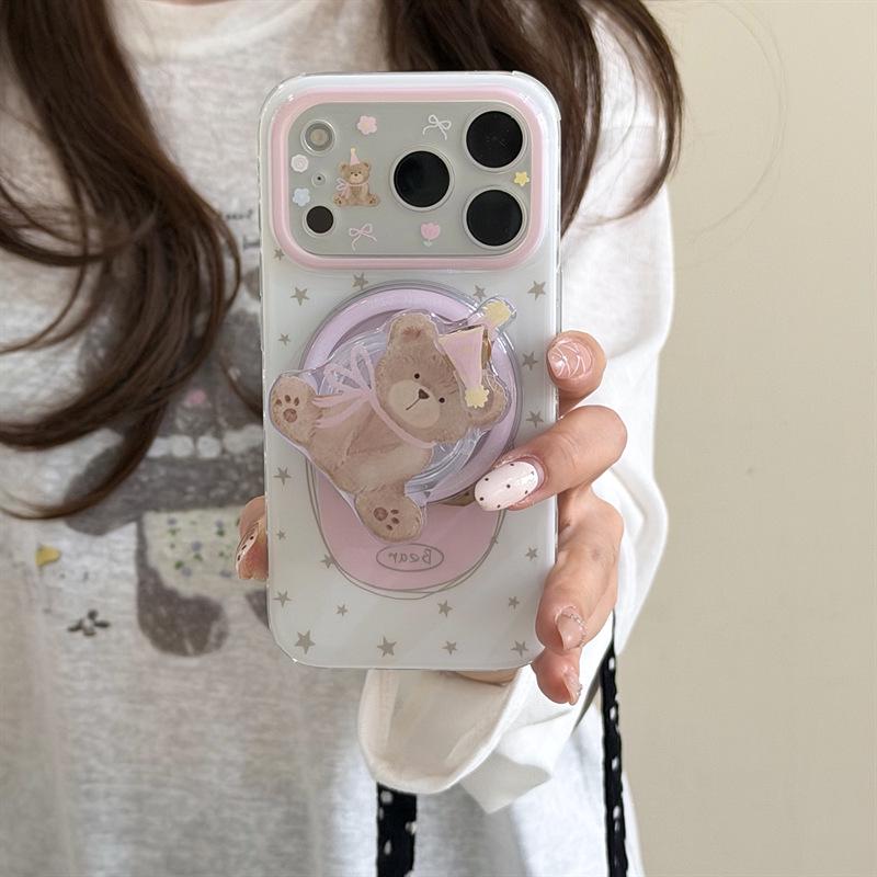 Pink Bow Bear Magnetic Phone Case for iPhone 15/16/17 Pro/Pro Max