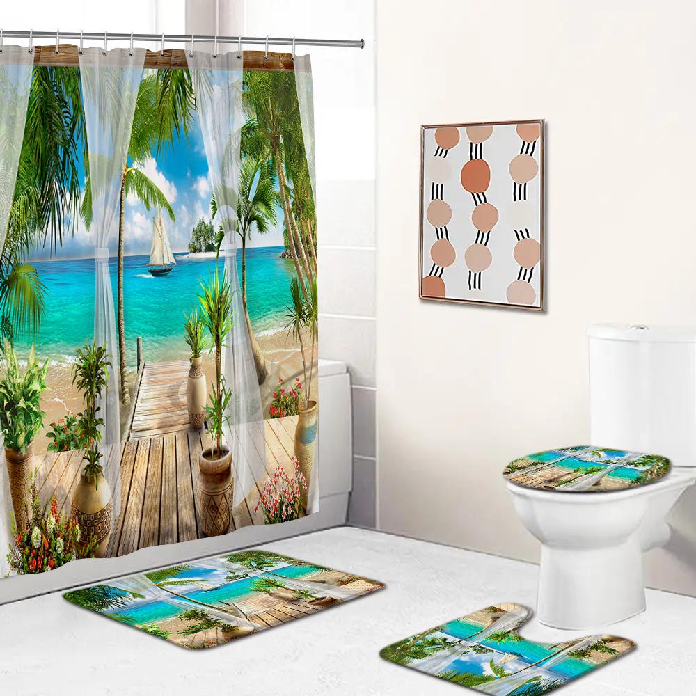 Beach Scenery Pattern Waterproof Polyester Bathroom Curtain With Hooks Anti-Slip Bath Carpet Mat Lid Toilet Cover Home Decor
