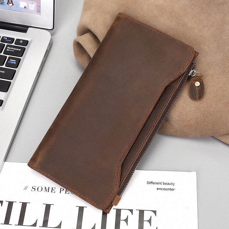 Crazy Horse Leather Long Wallet for Men Full Grain Cowhide Retro Business Wallet Handmade Snap Closure Card Holder Ready Stock