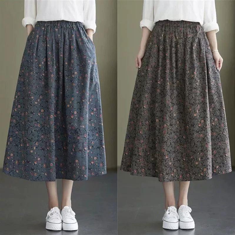 Frühlings- und Herbst-Freizeit-Baumwoll-Halblangrock mit lockerem Schnitt, elastischem Bund und Taschen