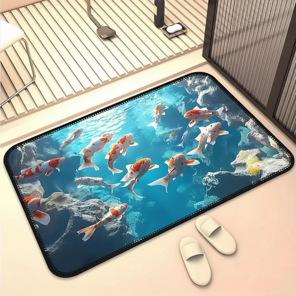 

40*60cm 3D Visual Crystal Velvet Floor Mat Koi Fish Printing Water-absorbing Bedroom Door Small Rug Abrasion-resistant Non-slip