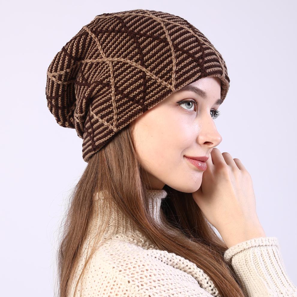 Autumn and Winter Warm Knitted Ear Protection Pile Up Hats Diamond Grid Mixed Color Pullover Caps Women's Fleece - Lined Hats