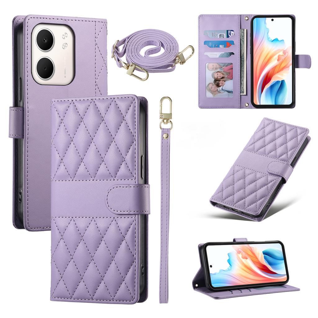 For Oppo A5x 5G/4G Case Rhombus Stitching Wallet Stand Leather Phone Cover with Long/Short Strap