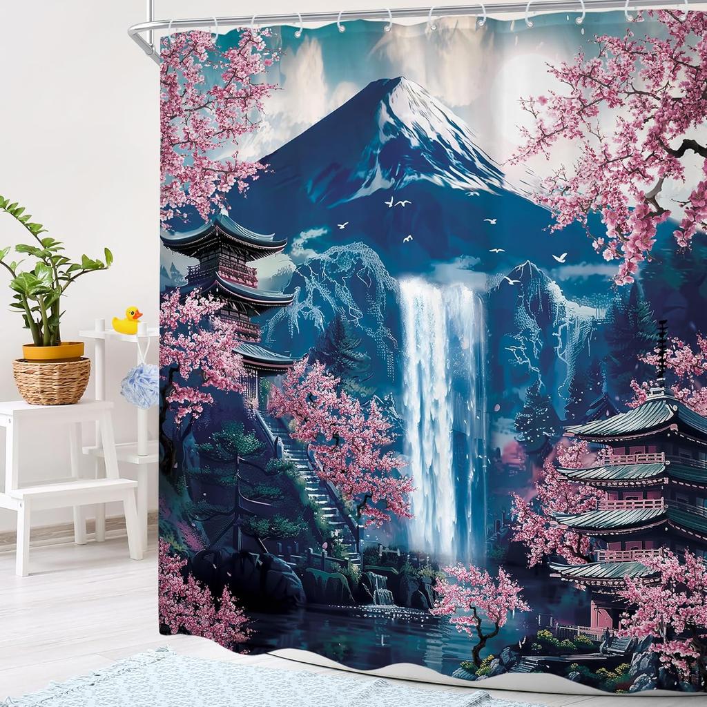 Japanese Shower Curtain Asian Anime Cherry Blossom Mountain Waterfall Moon Nature Bathroom Curtain Set Aesthetic Bath Curtain