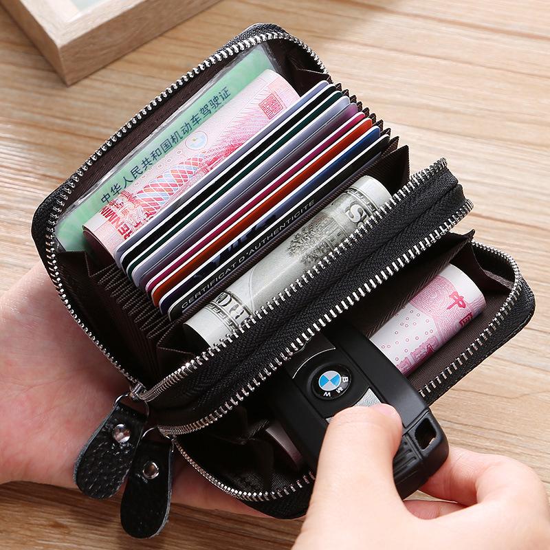 RFID Cowhide Leather Card Holder & Coin Purse with Double Zipper