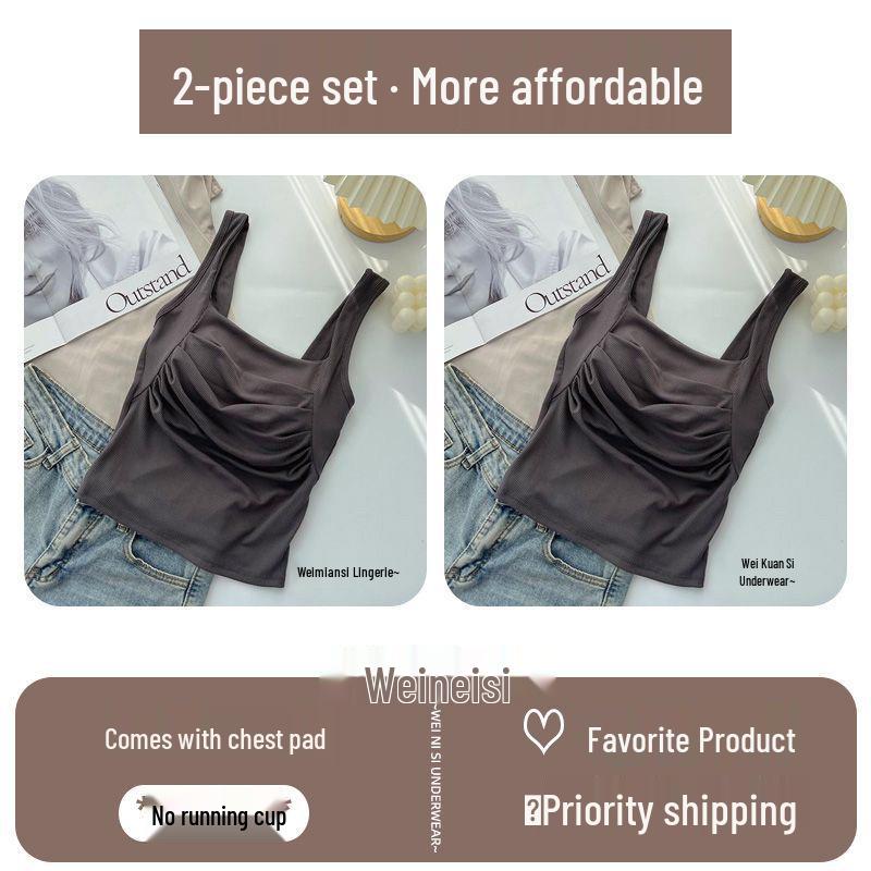 Korean Ruffled Spaghetti Strap Women's Tank with Chest Pads - Sexy Backless Slimming Base Layer
