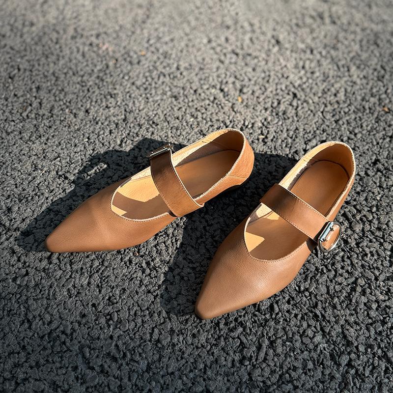Johnature Retro Mary Jane Pointed Toe Women's Shoes Versatile Genuine Leather Soft Soled Flat Shoes