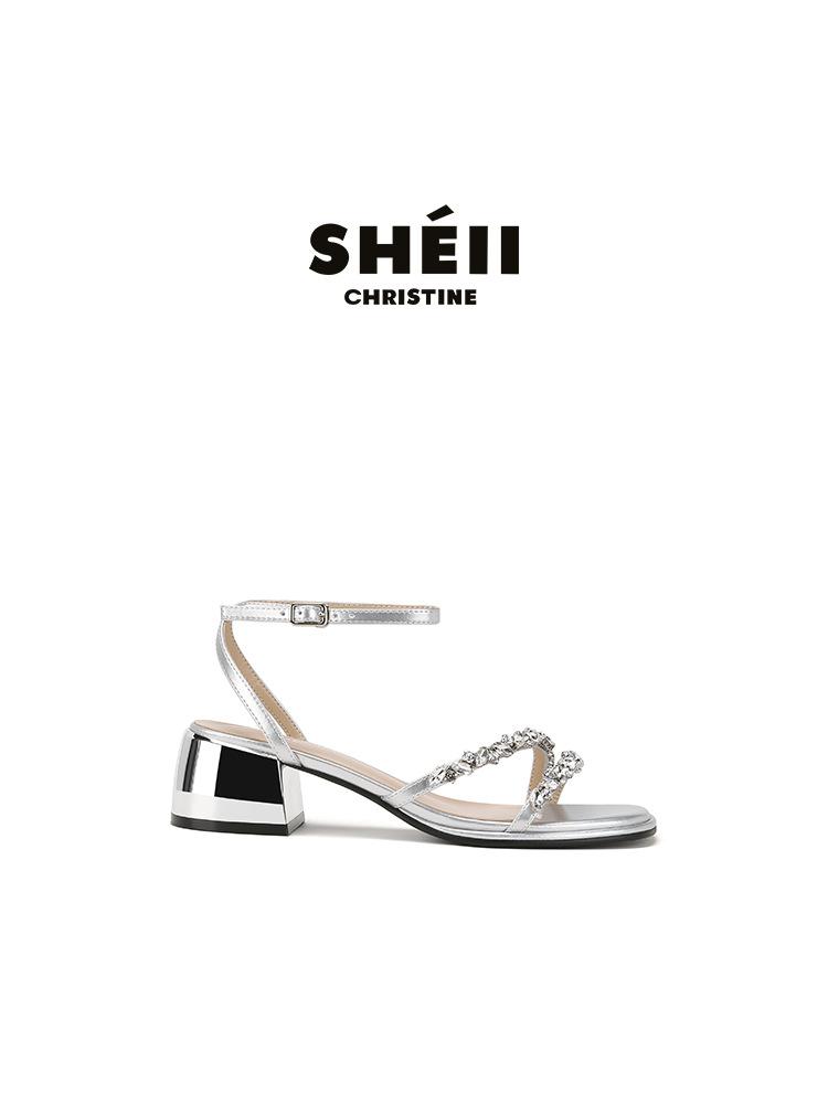 

Su Yinyin has the same French rhinestone with open-toed thick high-heeled sandals, temperament square head casual and versatile one-word sandals. 40 серебряный