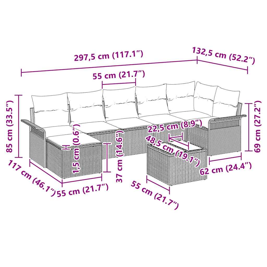 8 Piece Grey Garden Sofa Set with Cushions