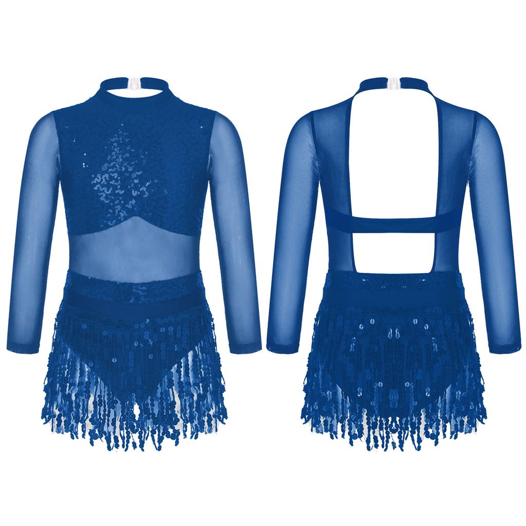 Robe de Danse Filles Paillettes Brillantes Ourlet à Franges Style Patchwork Maillots de Bain Tenues de Danse Vêtements de Scène