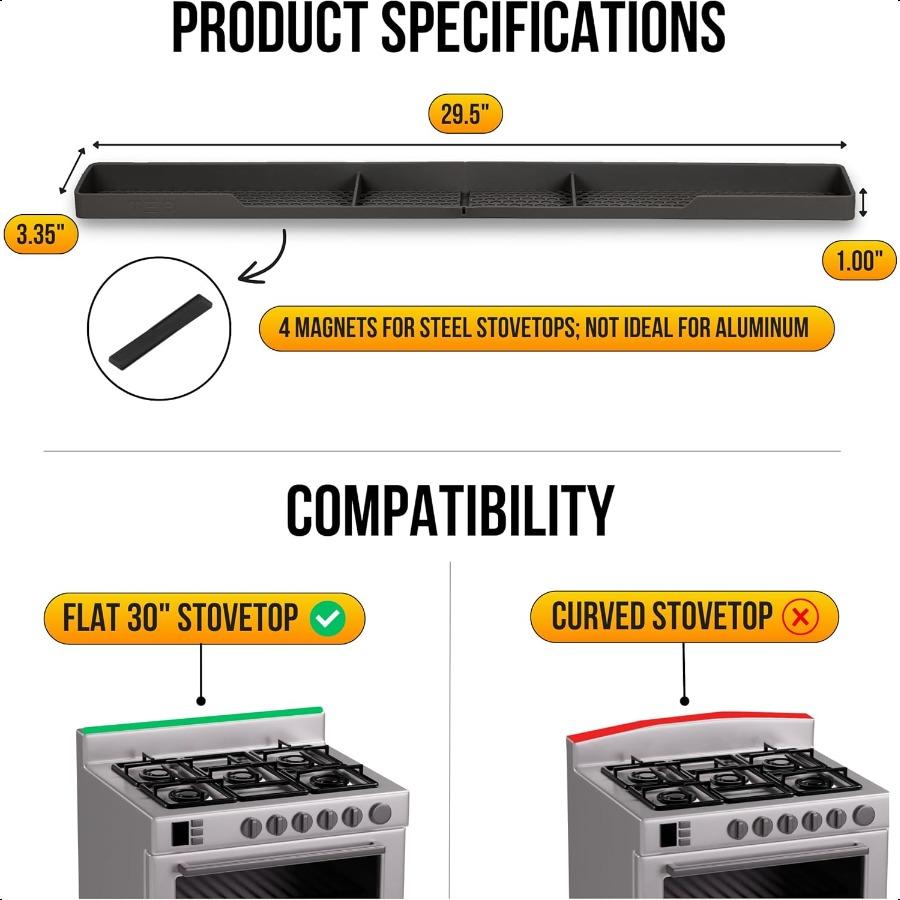 Magnetic Stove Top Shelf Black Silicone 30" Over the Stove Spice Rack Heat Resistant No Hassle Installation Dishwasher Safe Ove
