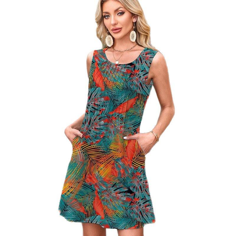 European American Women's Sleeveless Drawstring Pocket Dress - Round Neck Print