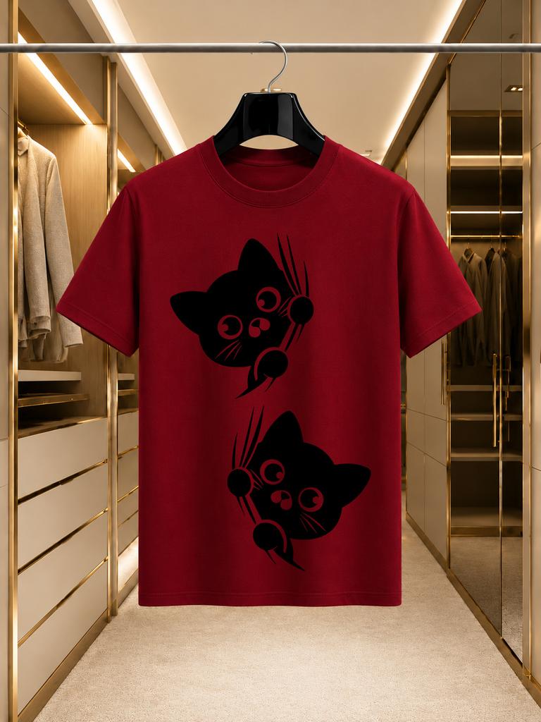 2026 New Arrival 100 Cotton Tshirt Cute Climbing Black Cat Cartoon Print Crew Neck Unisex Loose Fit Casual Short Sleeve