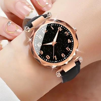 Women's Starry Sky Luminous Quartz Watch with Frosted Leather Strap and Plastic Case