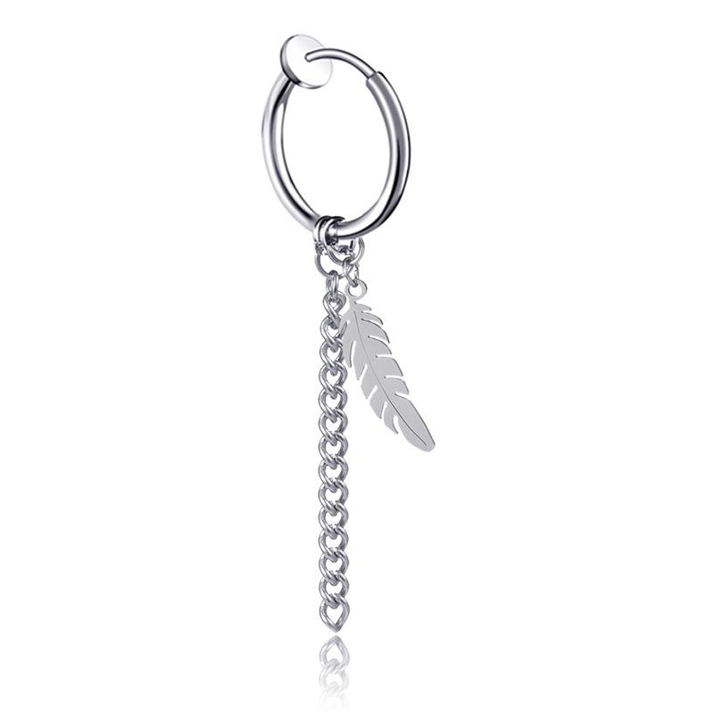 Korean Style Tassel Chain Non-Pierced Titanium Steel Leaf Feather Earrings
