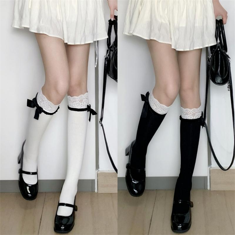 Womens Calf Socks, Sweet Girl Lace Trims Ruffle Knee Socks Fashion Ladies Girl Princess Socks Knee High Stockings