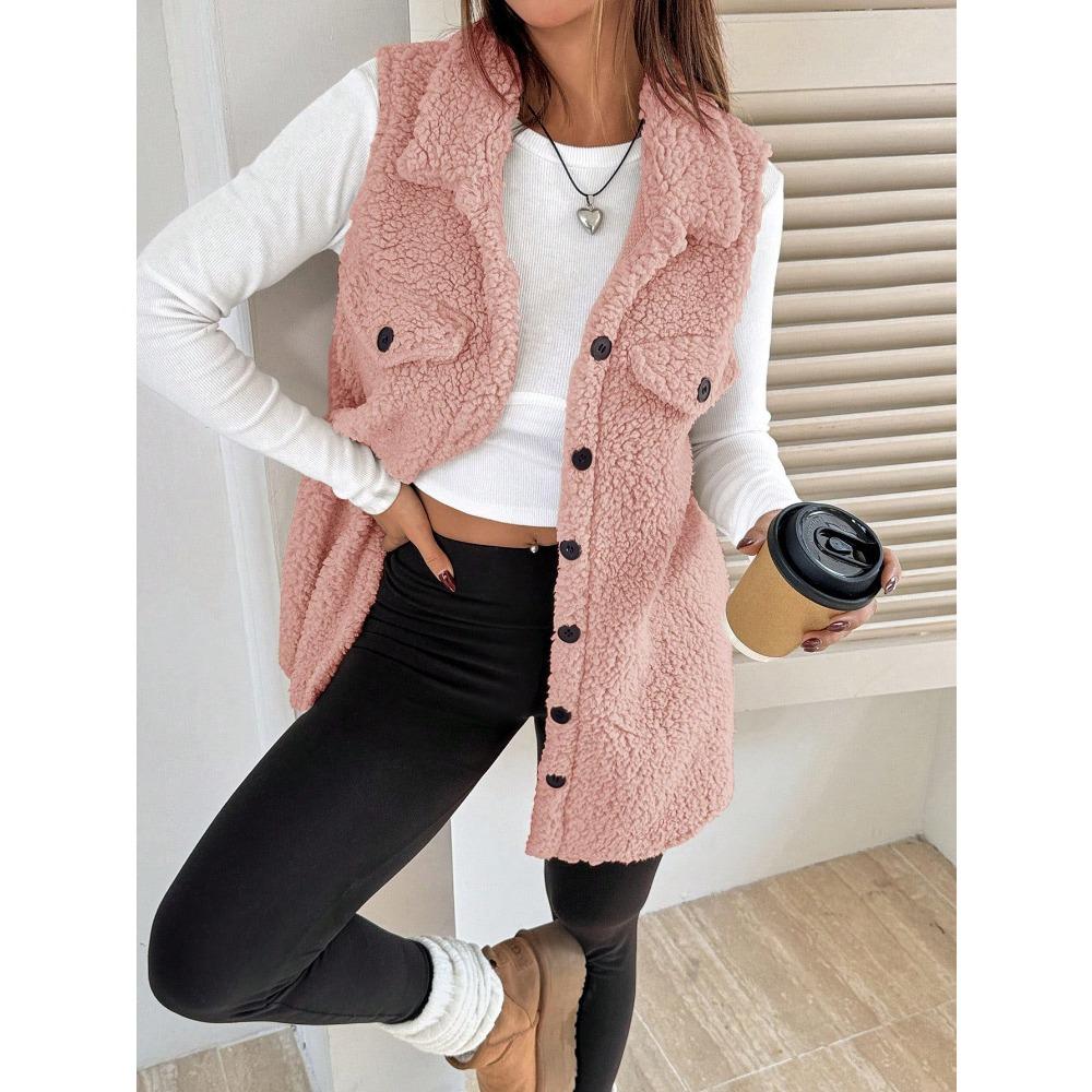 Women's Lapel Sleeveless Vest Oversized Fit Solid Color Single Button Pocket Winter Fleece Gilet