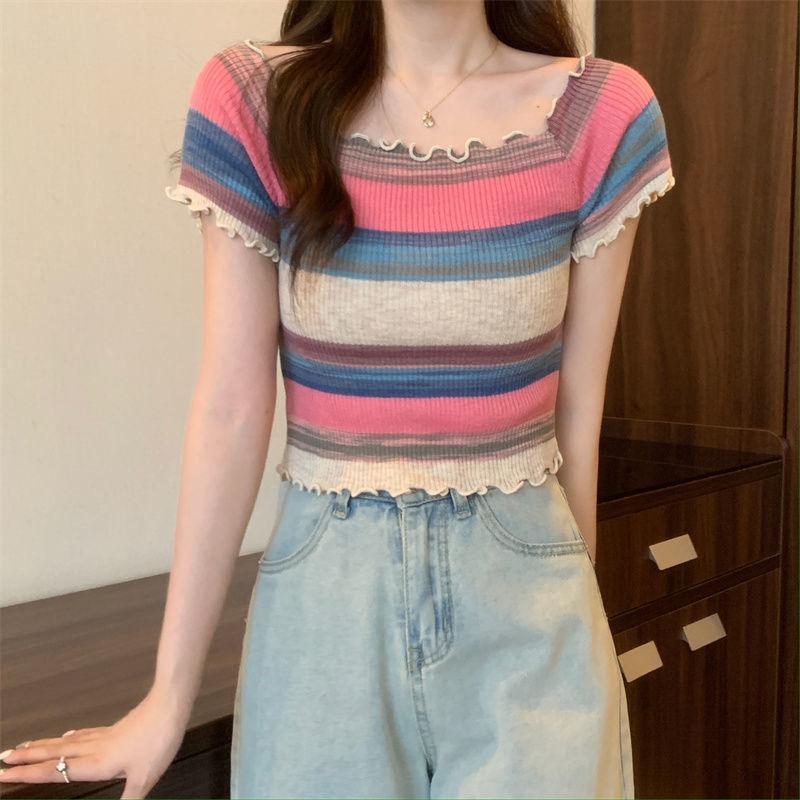 Rainbow Striped Square Neck Front Shoulder Knitted Short Sleeved T-shirt Summer Thin Cut with A Waistband Short Cut Chic and Beautiful Top