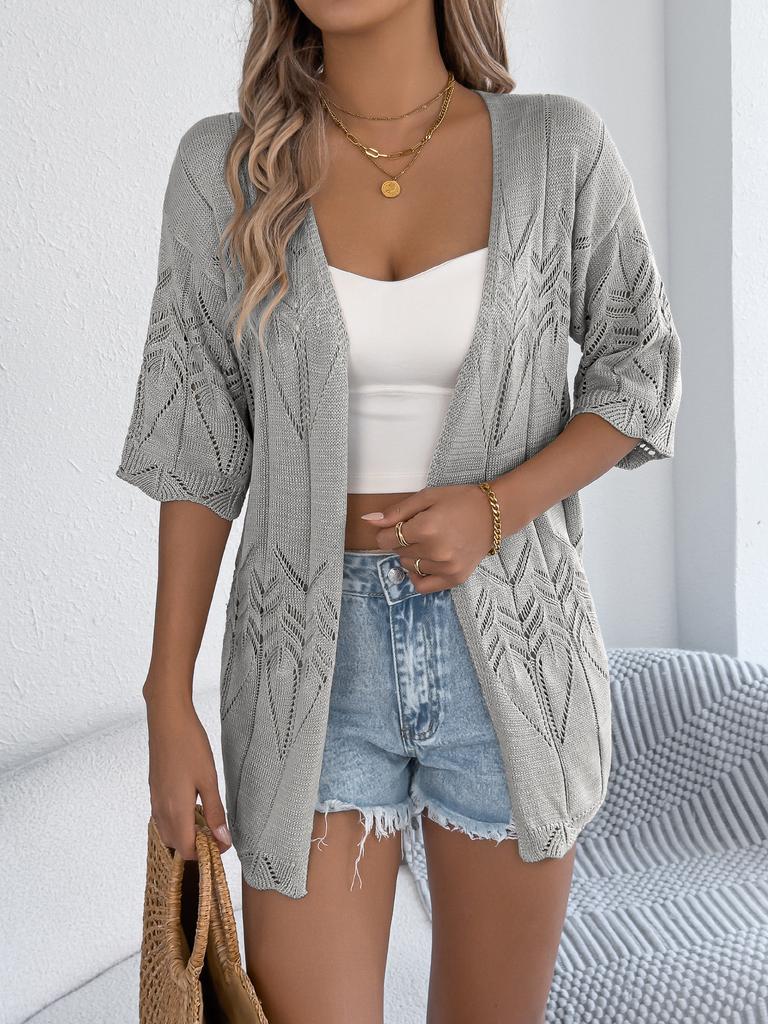 Women's Geometric Hollow Out Half Sleeve Knit Cardigan Solid Color Open Front Mid Length Beach Cover Up