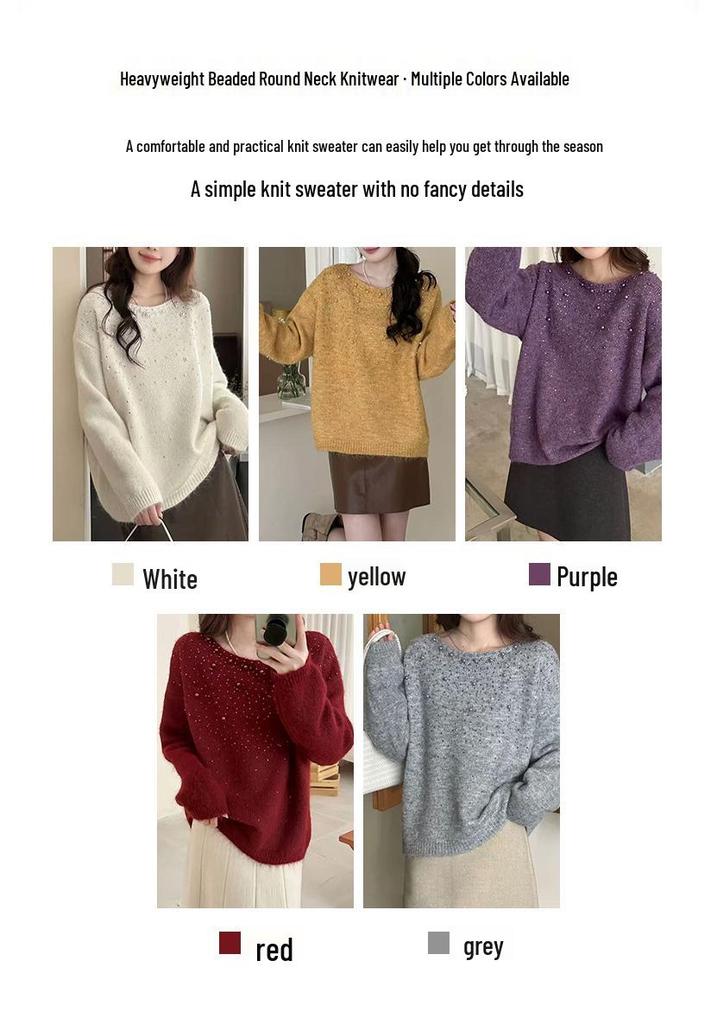 Korean High-End Beaded Knit Pullover for Women - Autumn/Winter Slimming Loose Sweater