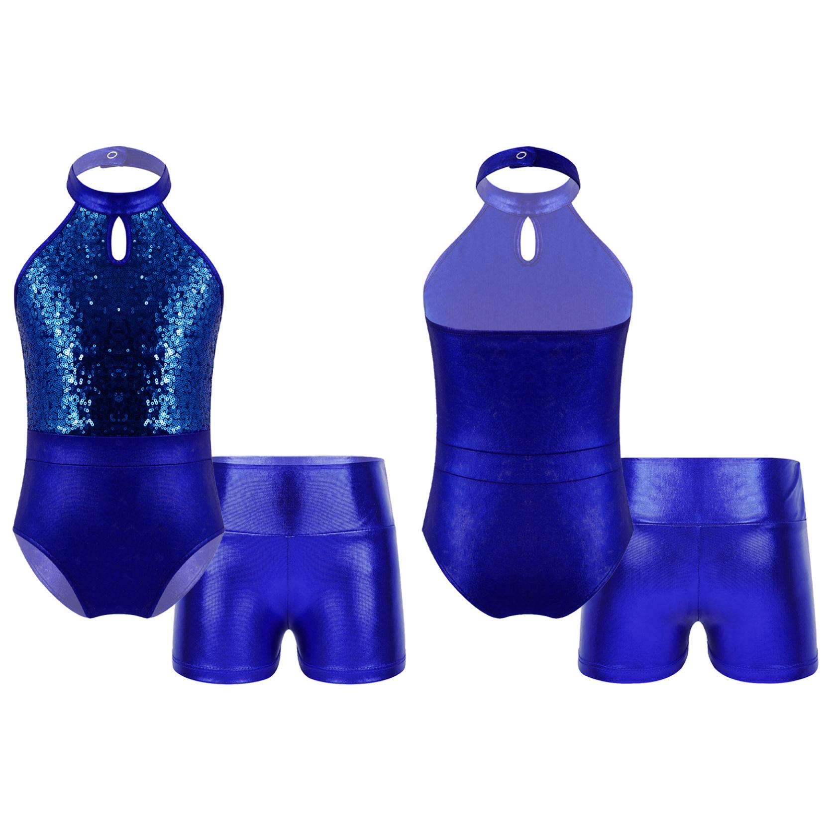 

Детский лоскутный купальник без рукавов для девочек с блестящими пайетками и шортами для соревнований по танцевальной гимнастике 9-10 Years королевский синий