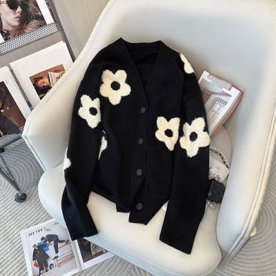 Casaco Suéter Florido Coreano Outono/Inverno Feminino Novo Estilo Solto Versátil Gola V Tricô