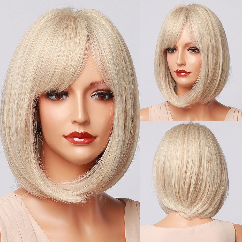 Medium Length Ombre Brown To Blonde Straight Hair Wigs with Bangs Synthetic Wigs for Women Cosplay Heat Resistant Natural Wigs