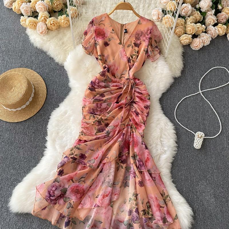 Chic Drawstring Bodycon Short Sleeve Vneck Dress Wrap Dresse Fashion Vestidos Women Vintage Spring and Autumn Trumpet Dress