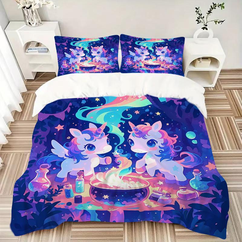 3pcs Magic Potion Two Unicorns Quilt Cover Set - Soft and Cozy Bedroom, Guest Room and Dorm Decorative Bedding 3-Piece Set 1 Quilt Cover + 2 Pill