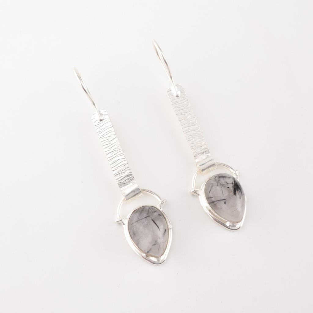 Black Rutile Gemstone 925 Sterling Silver Jewelry Handmade Girls Earrings 2.3" EE-166-25